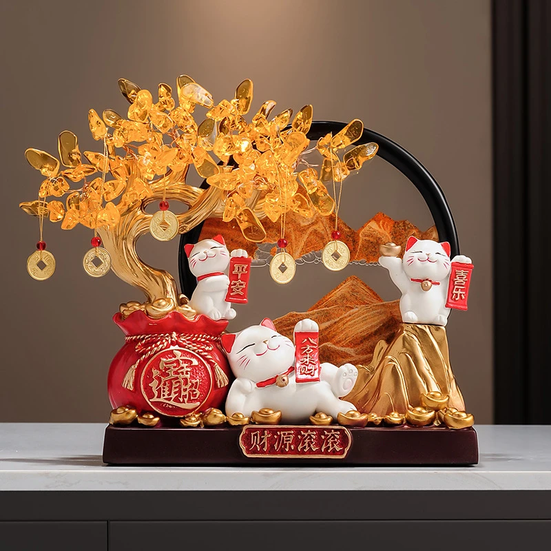 招财猫发财树流沙画摆件客厅家居办公室酒柜电视柜开业礼物装饰品
