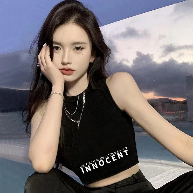 黑色短款背心女夏修身显瘦2026年印花四叶背带露脐春夏网红上衣