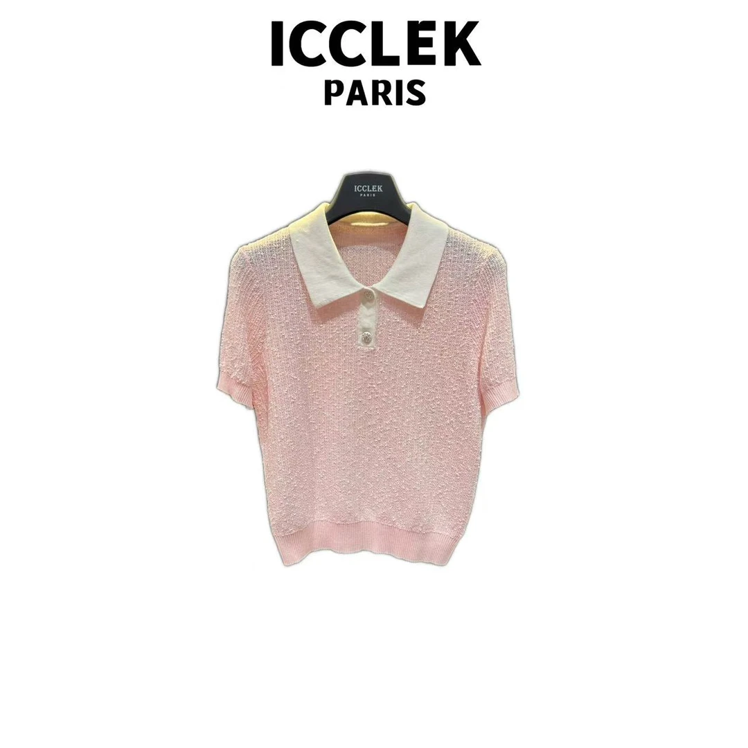 ICCLEK 粉色翻领针织手工刺绣套头百搭时尚气质减龄T恤气 质-5781