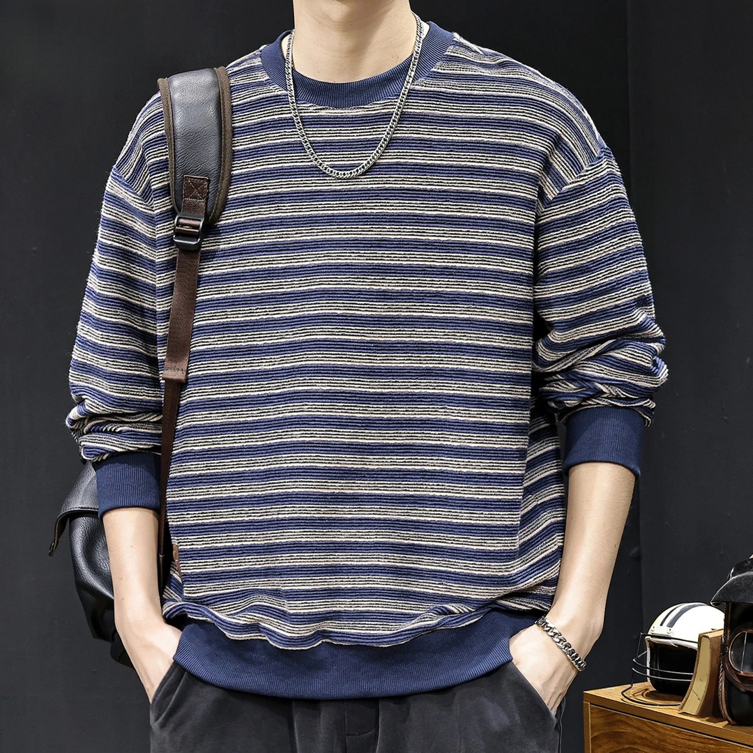 条纹纹理感撞色圆领卫衣男秋季2025新款潮牌宽松大码休闲长袖衣服