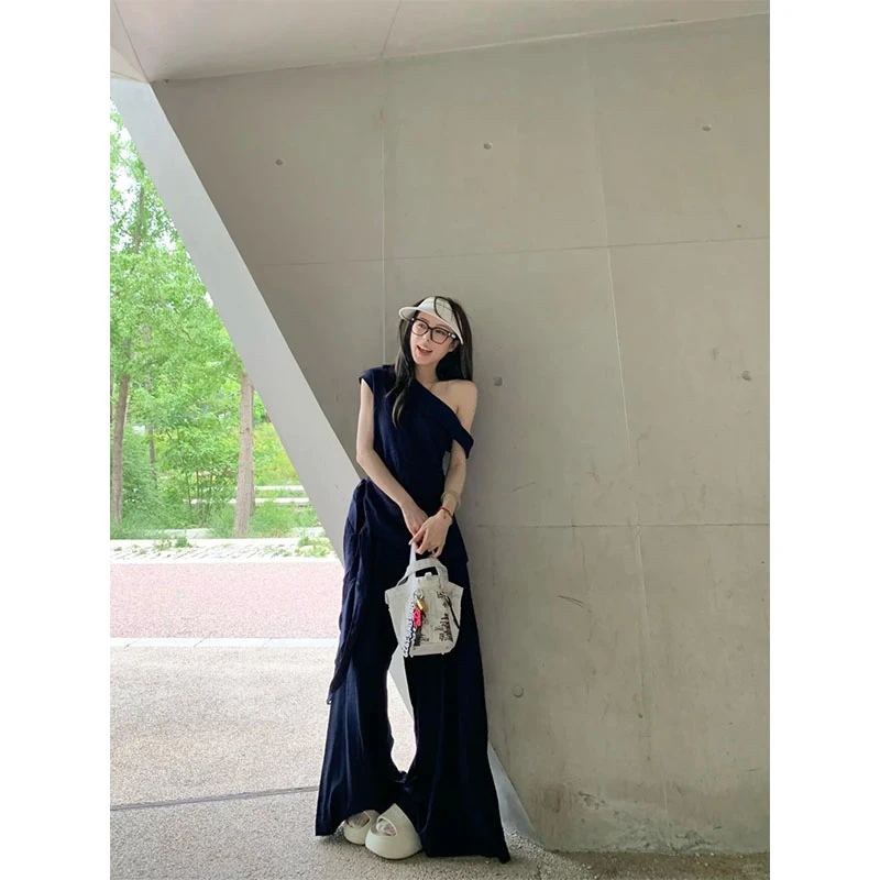 大方得体穿搭一整套女夏季斜肩露肩背心上衣高腰显瘦阔腿裤两件套