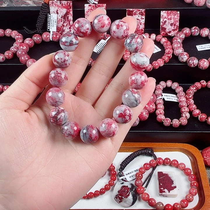 天然辰砂原石手串卡13+，54.9克