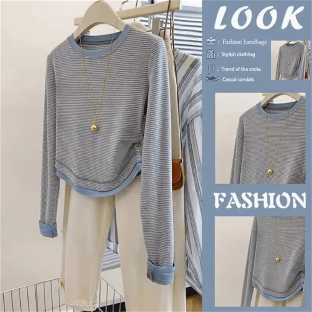 大码条纹长袖T恤女春秋日系chic小个子正肩纯色打底衫ins小众上衣