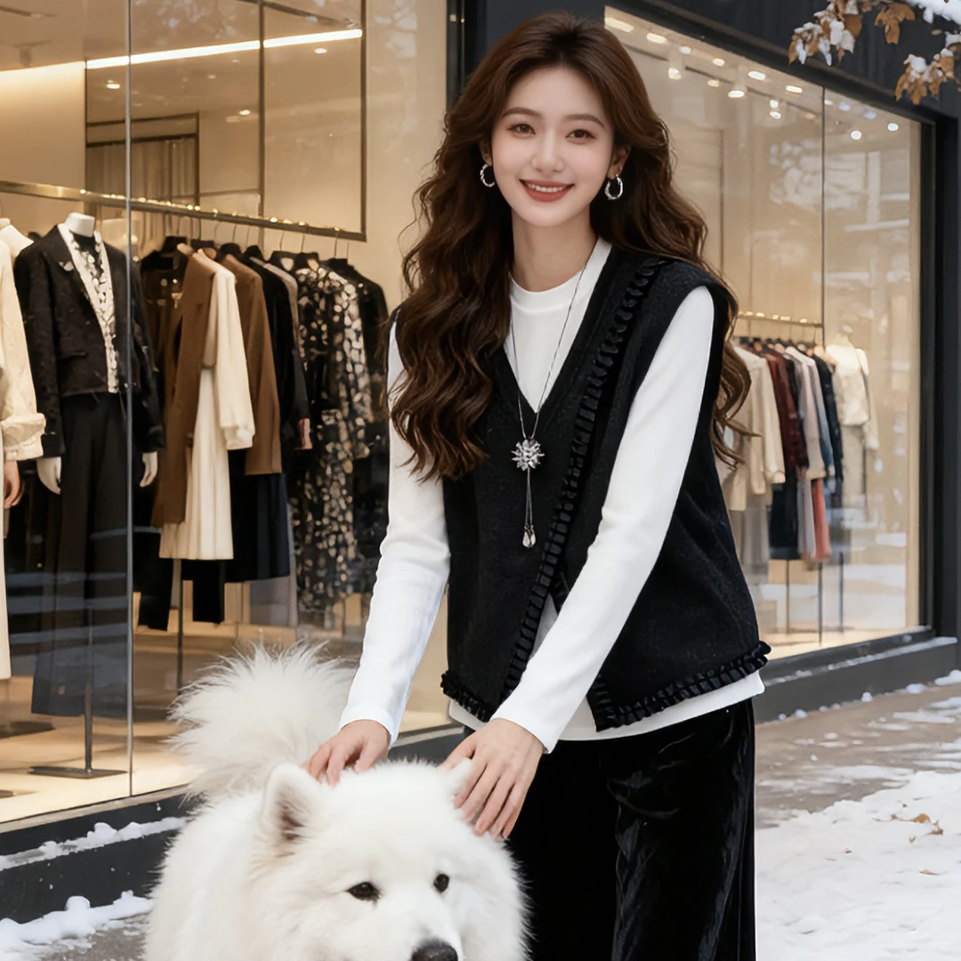 冬季新款大码女装时尚百搭V领马甲+打底两件套套装