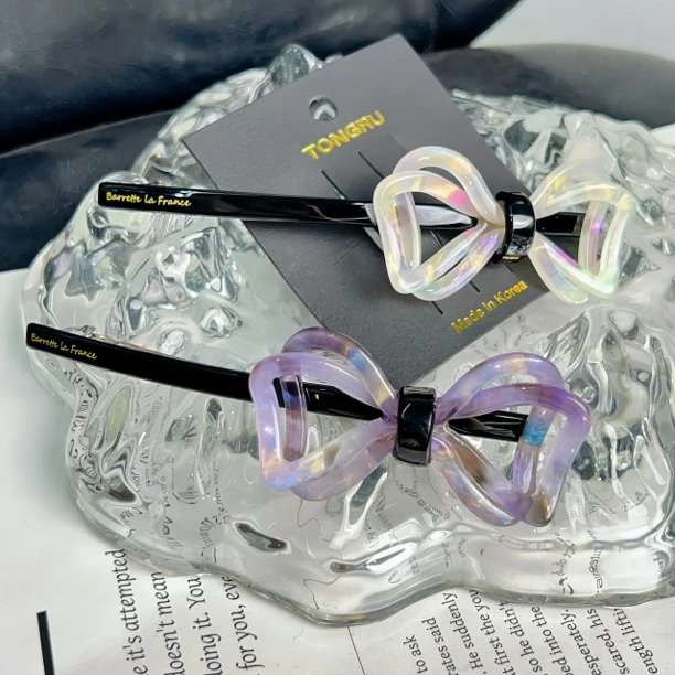 韩国醋酸France蝴蝶结镂空渐变一字夹后脑勺盘发夹气质网红紫色女