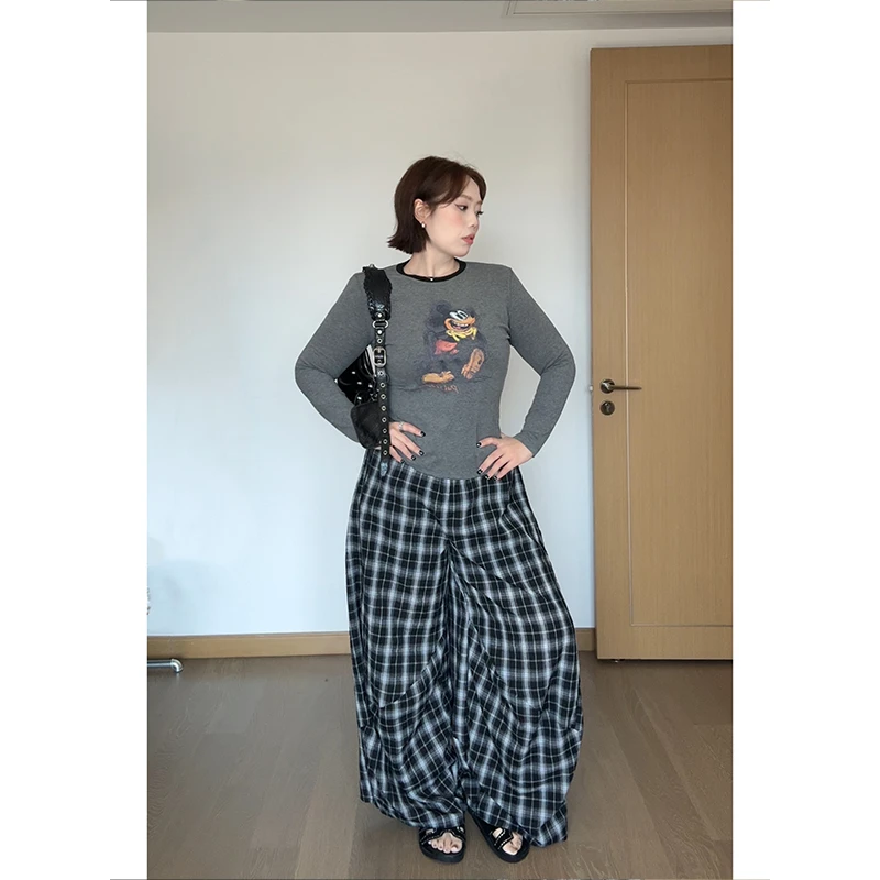 【蓝调coco】慵懒长裤阔腿时尚宽松休闲弯刀裤高腰格子裤