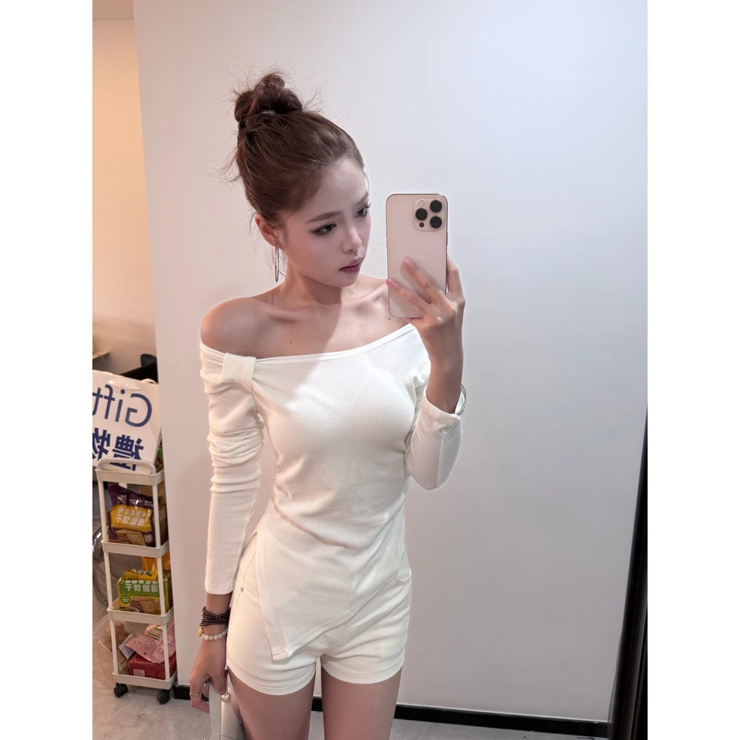 2025秋款设计感修身不规则下摆长袖T恤修身显瘦内搭打底衫女9087#