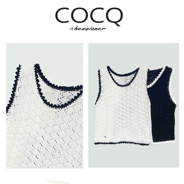 【COCQ】黑白拼接针织背心勾花镂空纹理无袖外穿短款小香风马甲