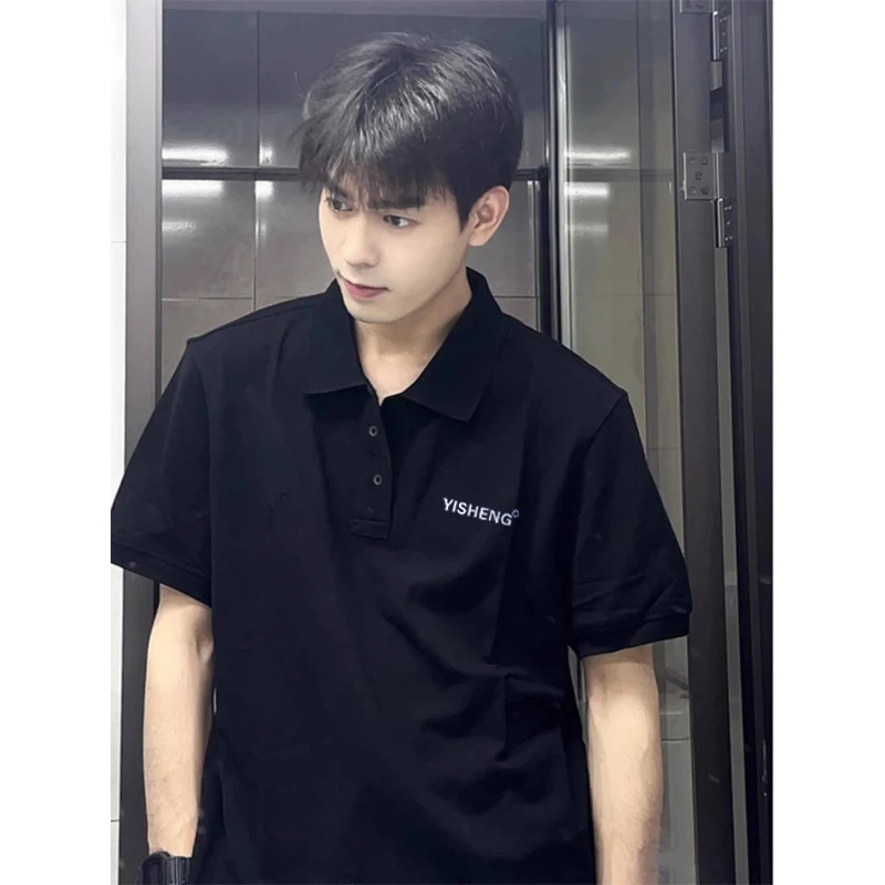 黑色320g重磅正肩短袖男款polo衫痞帅高级感美式潮牌翻领内搭半袖