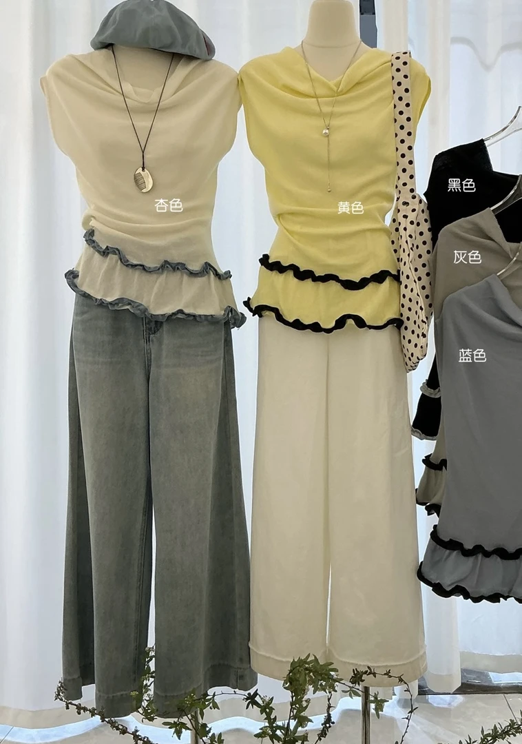 2025夏季多巴胺拼接木耳边彩色针织套头衫