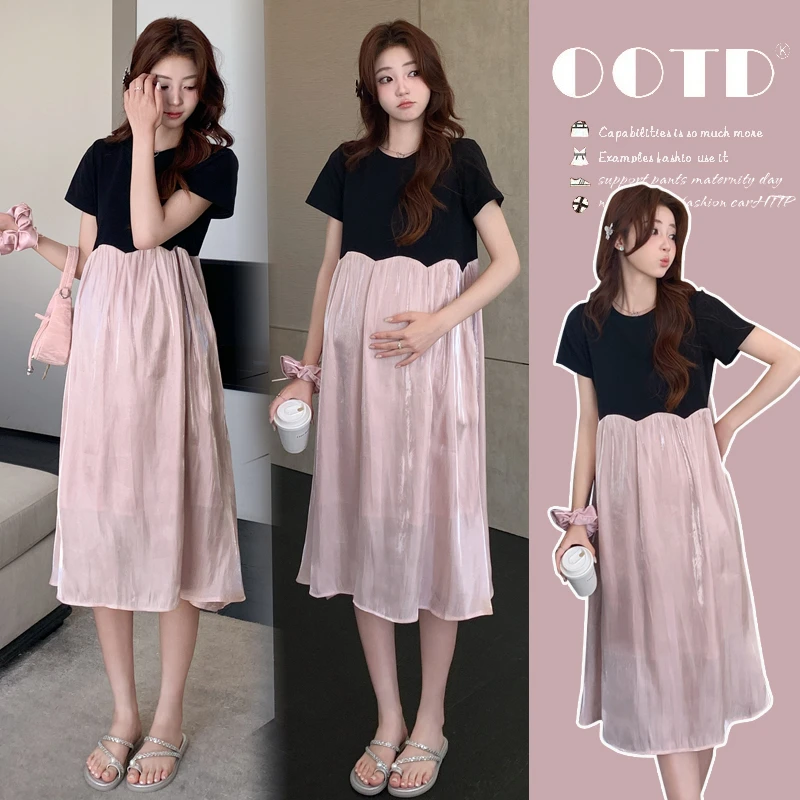 孕妇装夏装时尚2025新款中长款孕妇裙法式拼接短袖孕妇连衣裙子夏