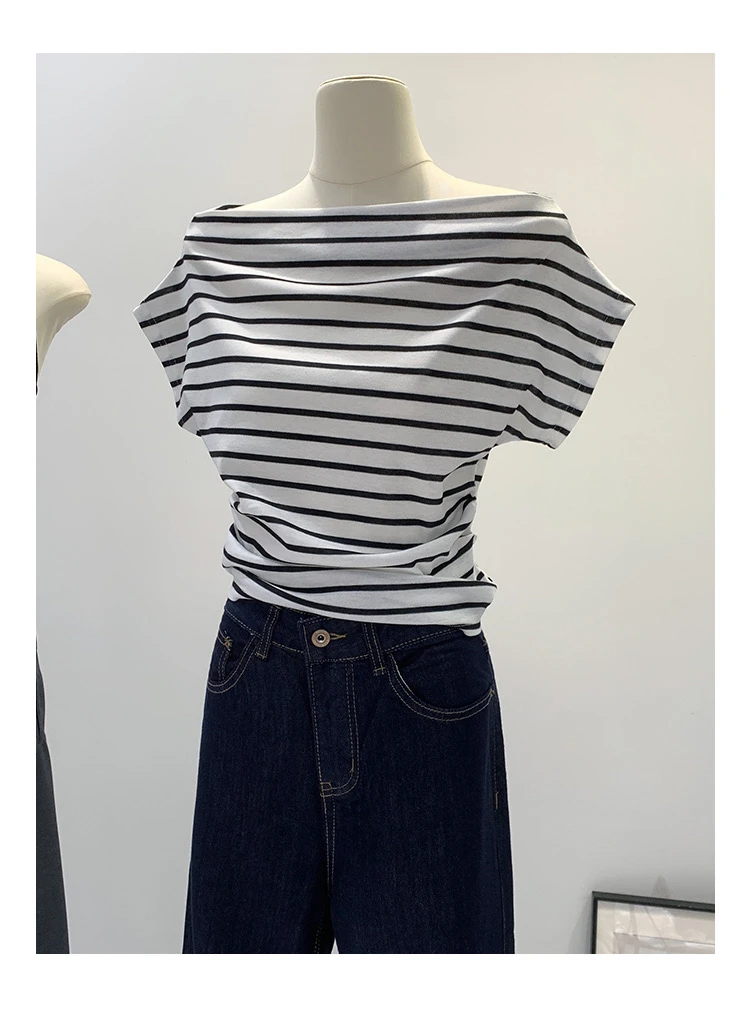 清纯系掐腰绝美穿搭一字肩条纹短袖T恤女2025夏新款宽松露肩上衣