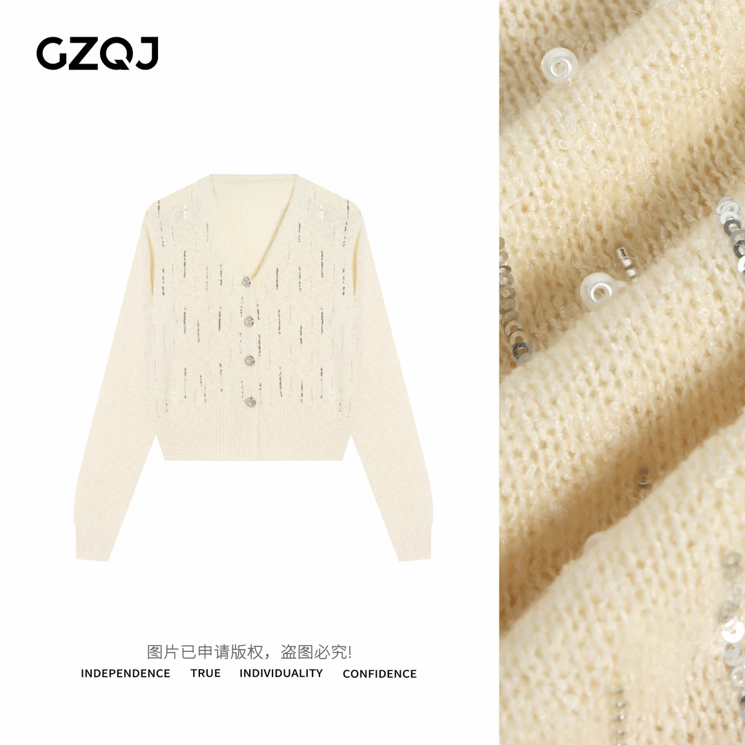 老琴私服【月光沙漏】欧若风百搭亮片珍珠圆领气质V领针织开衫 3540