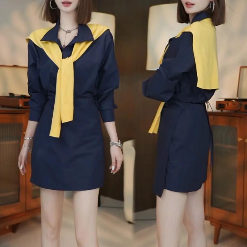 2025年早秋新款韩版时尚复古套装女撞色肩衬衫配洋气连衣裙两件套