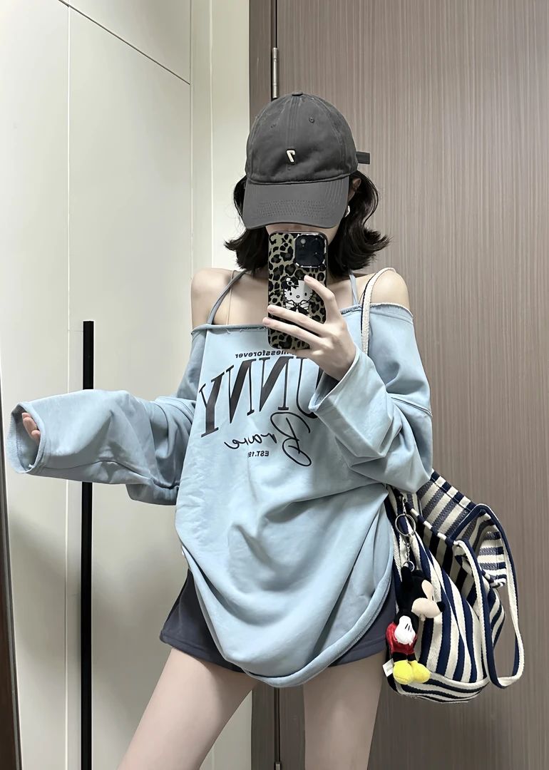 花生酱 慵懒风字母印花露肩绑带卫衣女复古毛边宽松休闲显瘦上衣