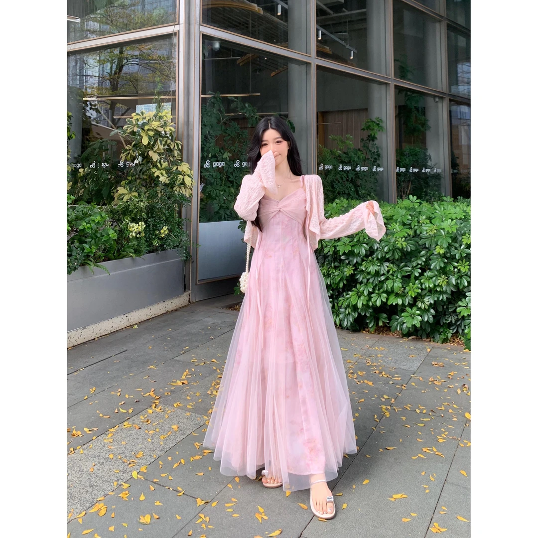 大码甜美网纱拼接系带高腰显瘦吊带连衣裙+蕾丝开衫