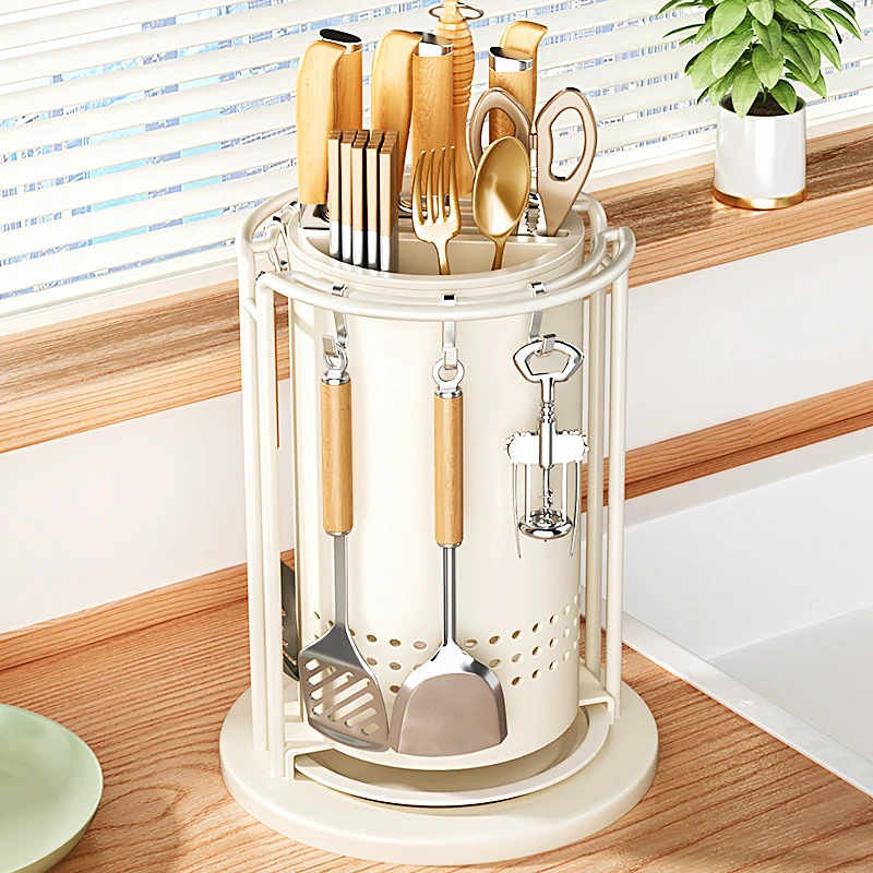 厨房旋转刀架置物架锅铲勺筷子筒菜刀架一体收纳盒多功能家用神器