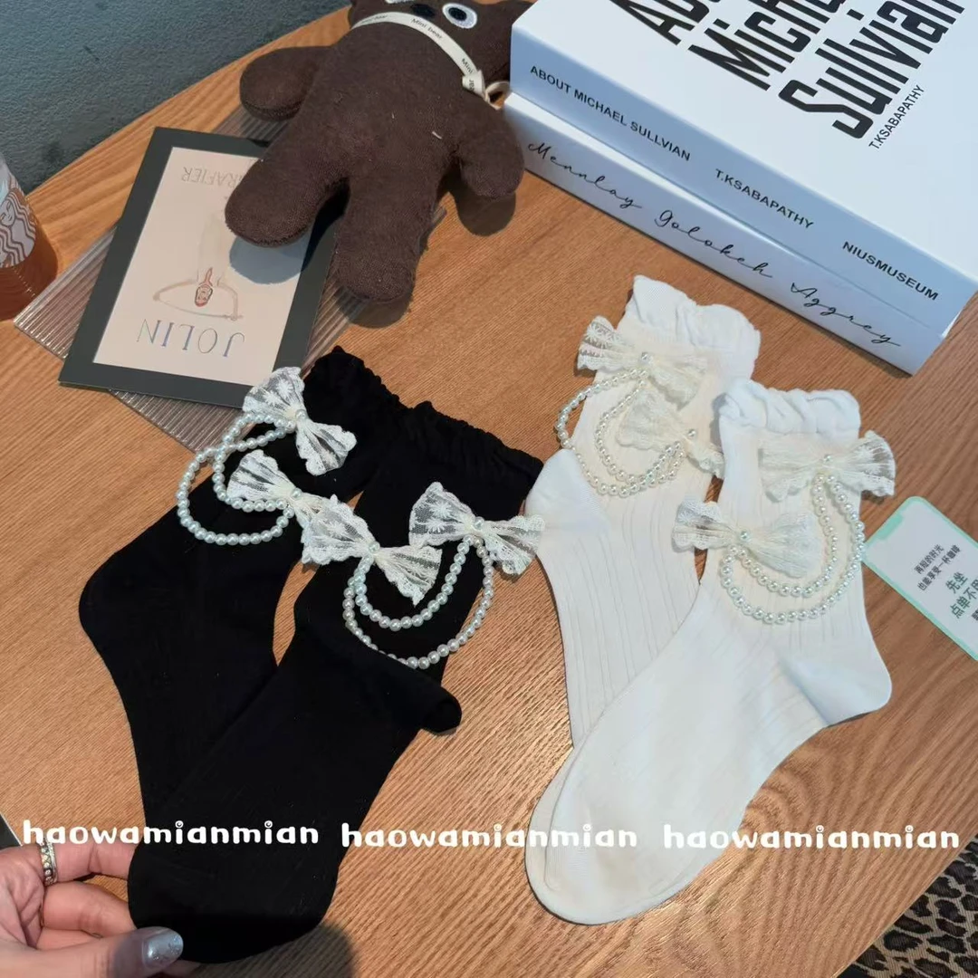 韩版甜美双珍珠蕾丝蝴蝶结饰品薄款春夏洋气时尚中筒袜配乐福鞋