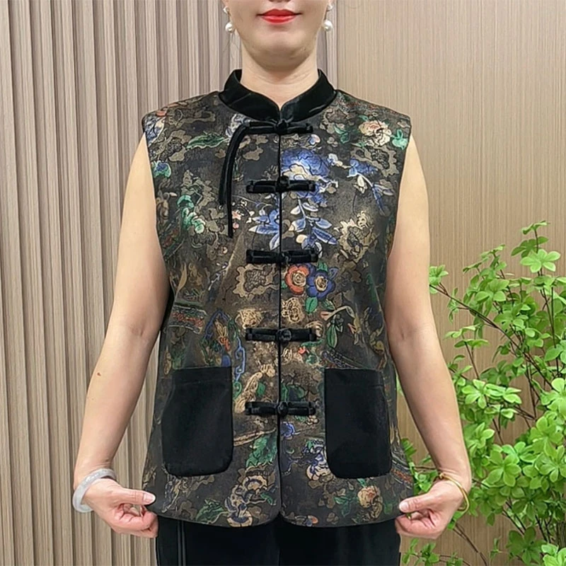 妈妈秋装国风盘扣马甲2024新款中老年女装秋季大码新中式唐装坎肩