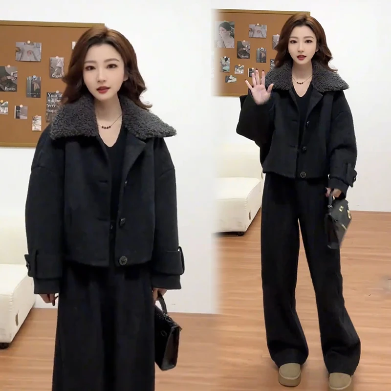 时尚套装女2025冬季新款时髦洋气减龄夹棉外套阔腿裤高级两件套潮