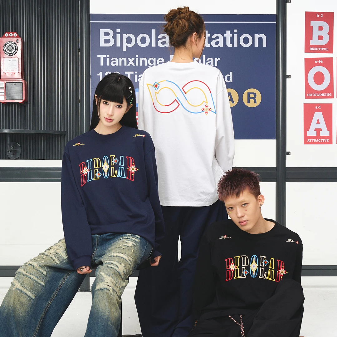 BIPOLAR民族图腾纯棉运动休闲宽松潮流长袖T恤 11K098
