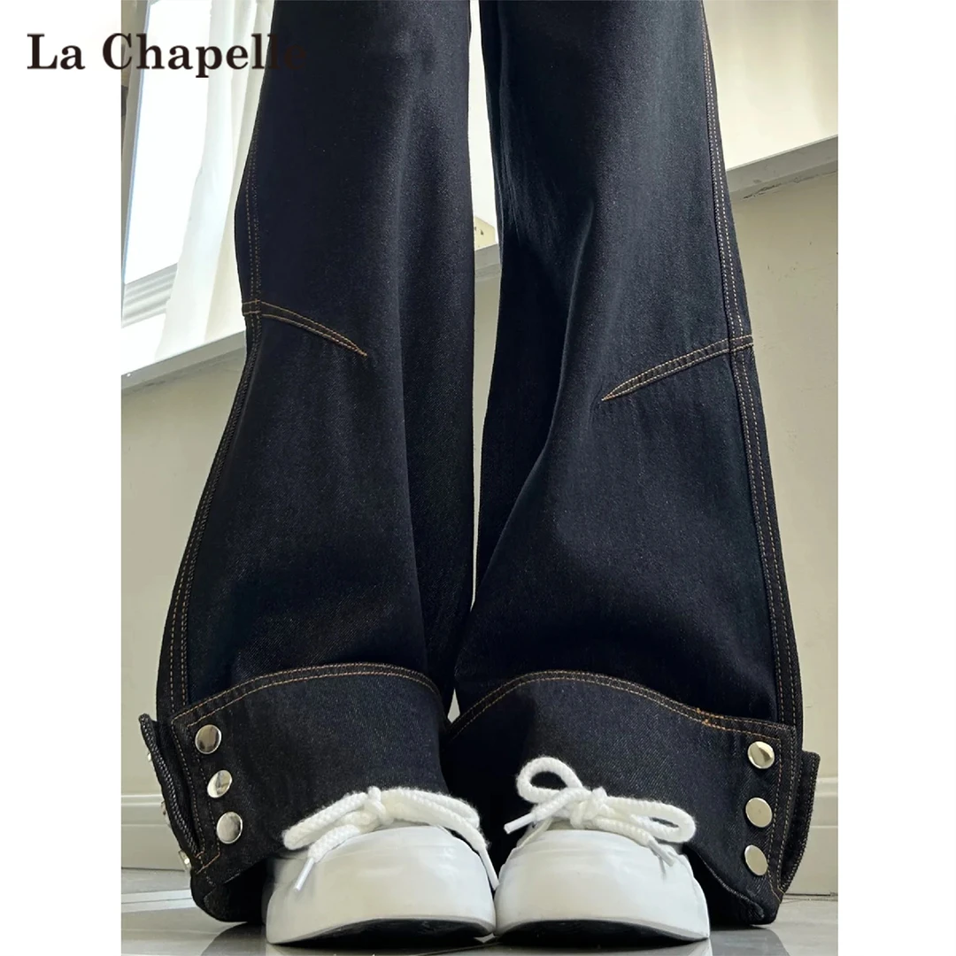 拉夏贝尔美式翻边阔腿牛仔裤女春季2025新款设计感百搭休闲直筒裤
