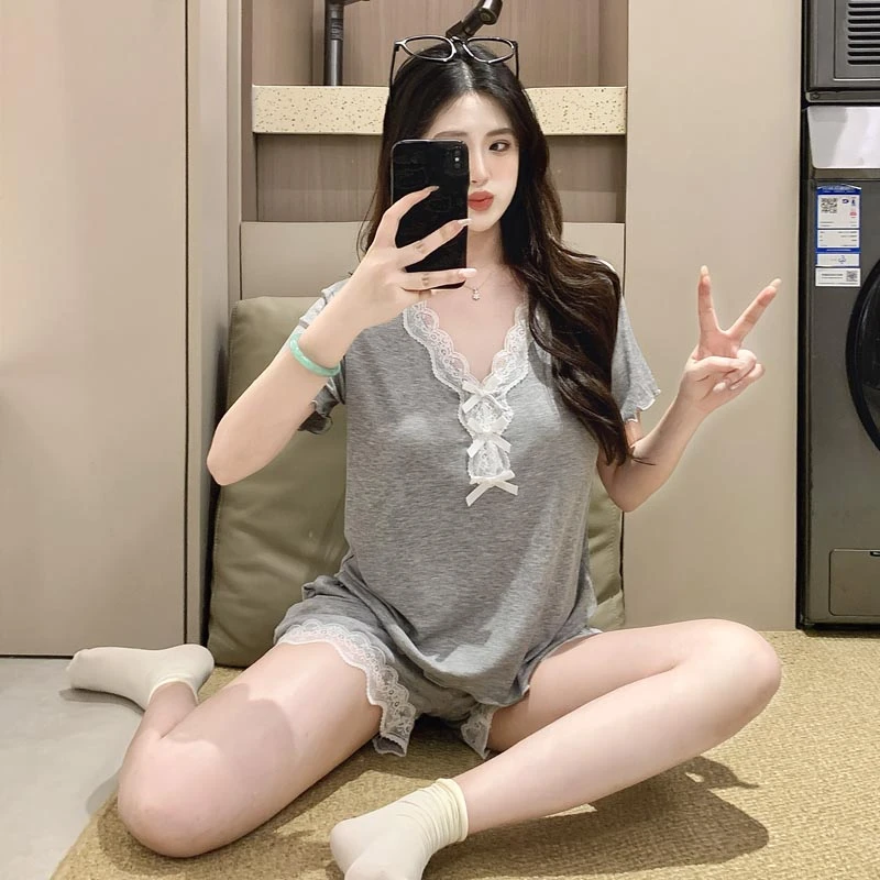 带胸垫睡衣女夏季短袖宫廷风蕾丝花边纯欲性感短裤套装外穿家居服