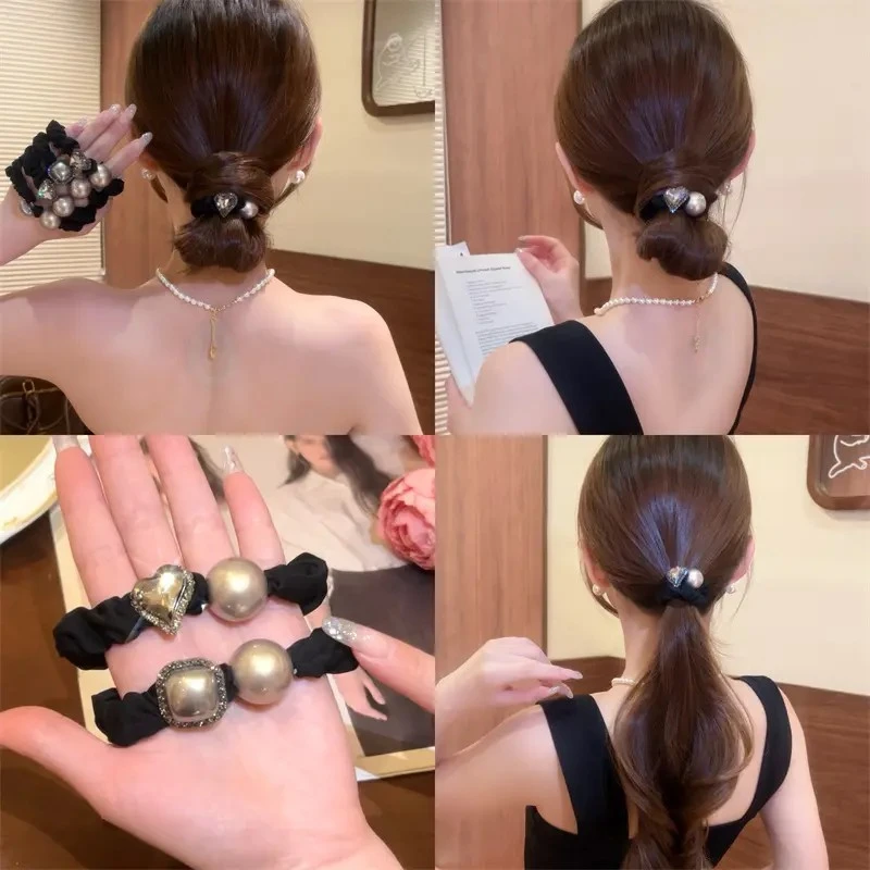 韩版东大门新款水钻珠珠大肠发圈高级感气质马尾发绳扎丸子头皮筋