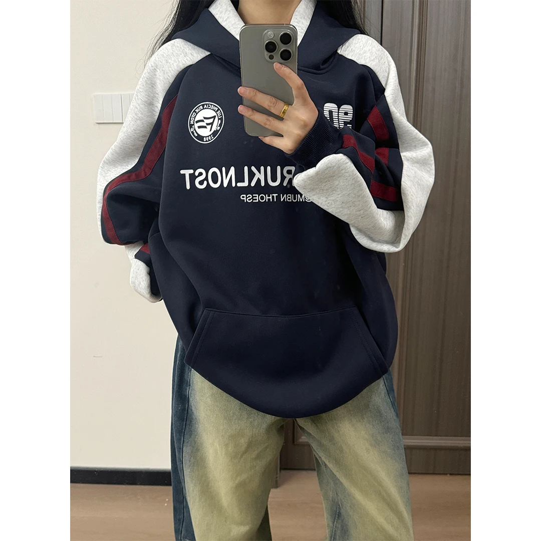 HandSeven藏青色复古拼色重磅卫衣高街秋冬情侣潮牌连帽卫衣ins风