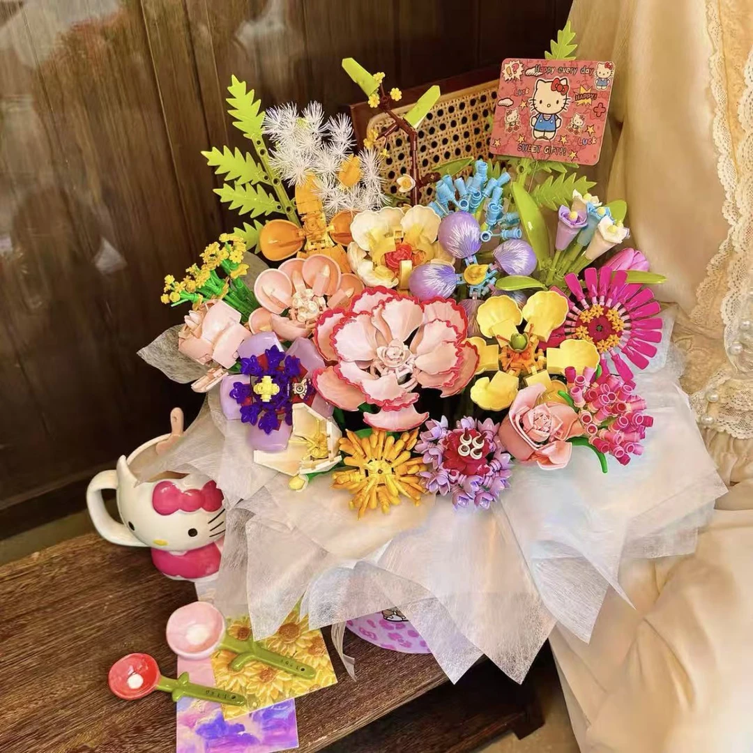 单支系列颗粒手工摆放拼装永生女孩积木小花束客厅diy玩具抱抱桶