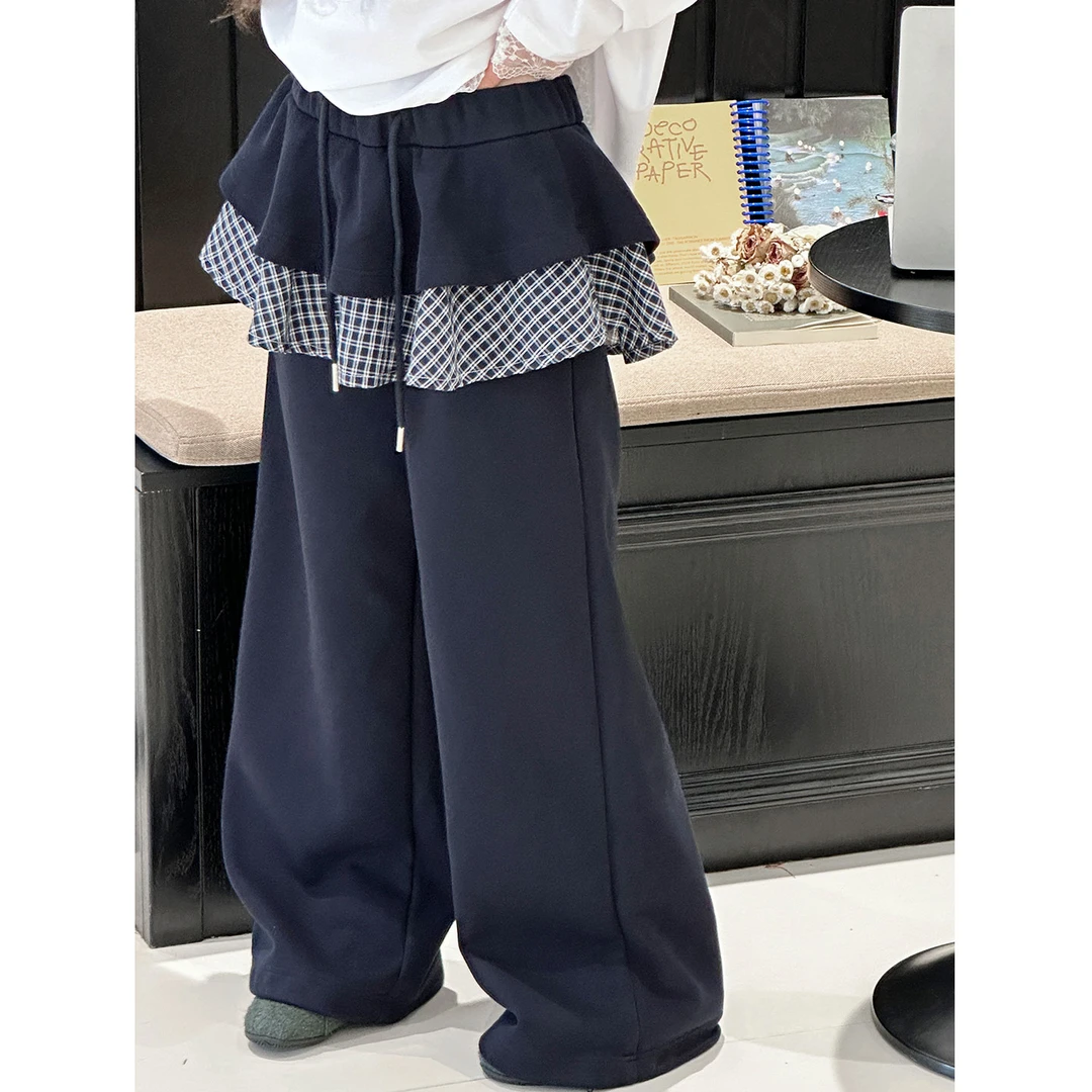 K29501孙小美格子拼接女童休闲裤2025秋装新款儿童裤子春秋直筒裤