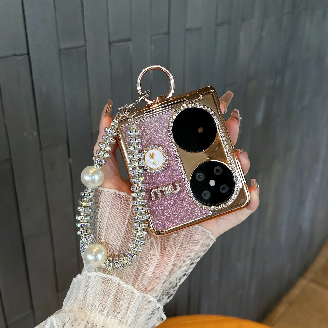 适用华为p50 pocket 2手机壳折叠屏渐变粉闪粉镶钻指环全包保护套