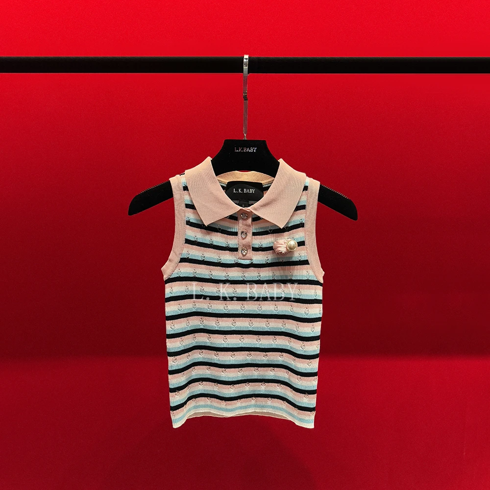 【L.K.BABY】 纯欲减龄山茶花撞色条纹翻领无袖背心W086