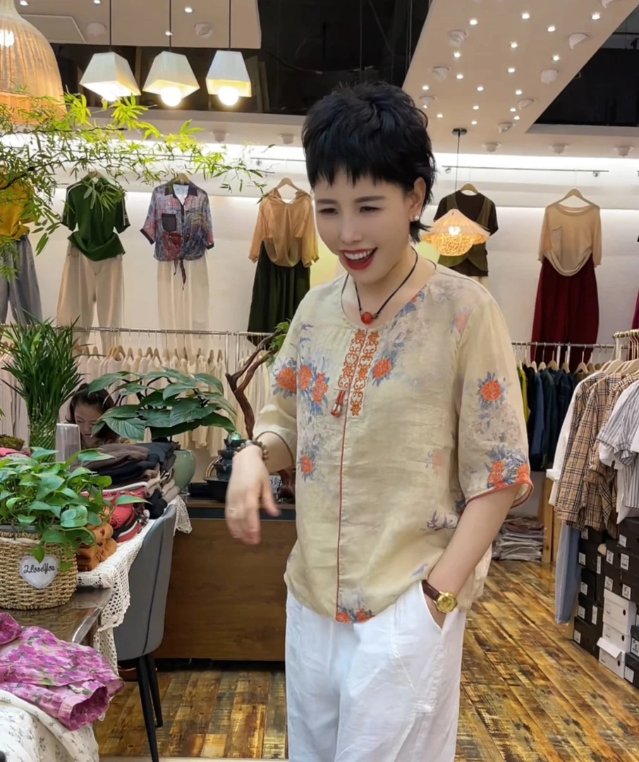 夏季刺绣衬衫提花中国风上衣印花