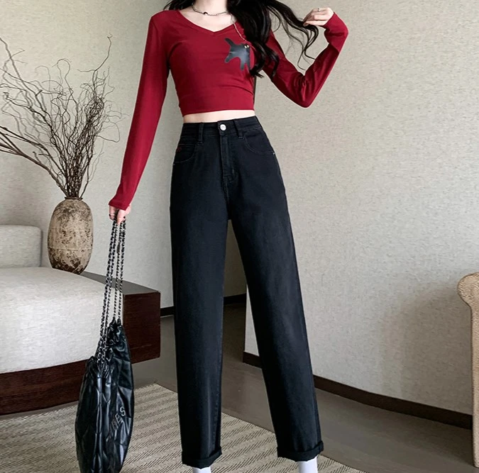【5205小个子专属】黑色女士牛仔裤高腰显瘦修身直筒九分老爹裤