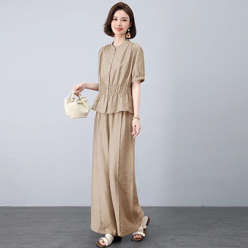 天丝时尚套装女2025年夏季新款洋气减龄薄款短袖衬衫阔腿裤两件套