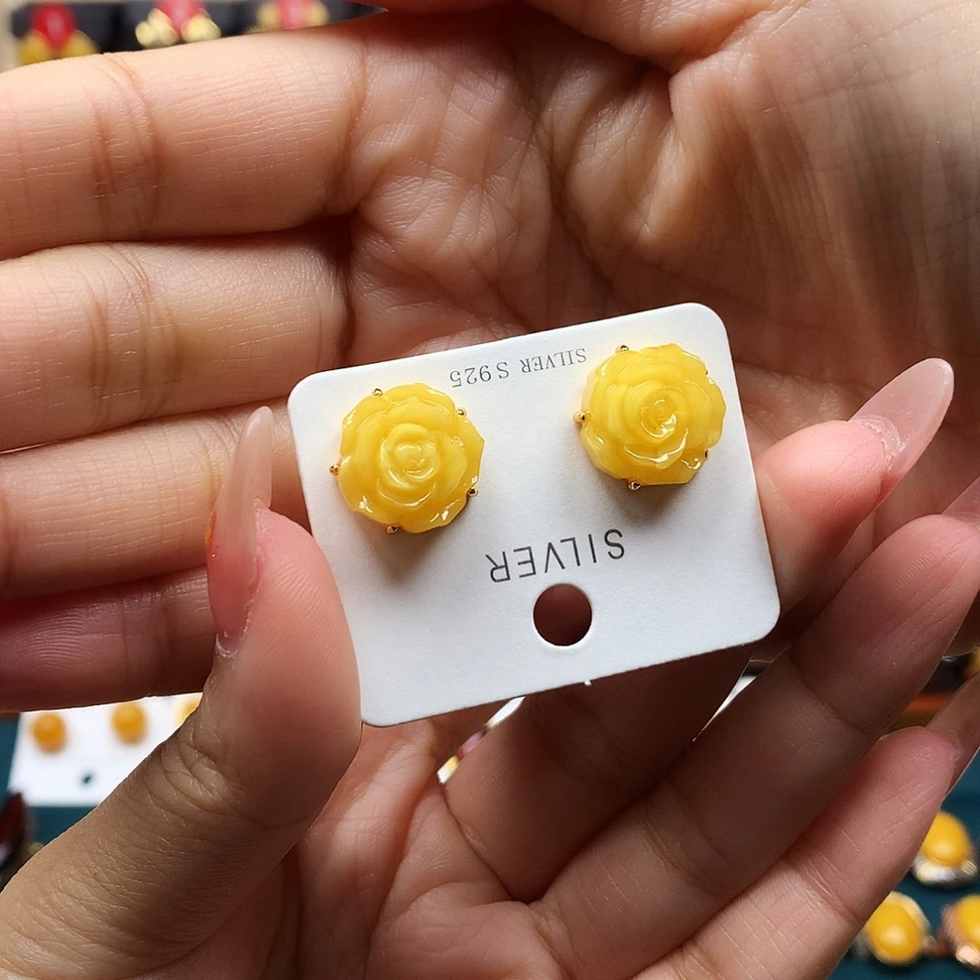 蜜蜡银S925镶嵌耳饰耳钉