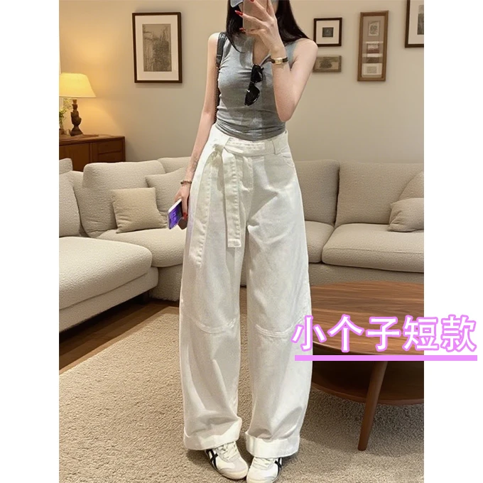 小个子牛仔白色设计感阔腿飘带裤子2025女新款时尚洋气百搭女装