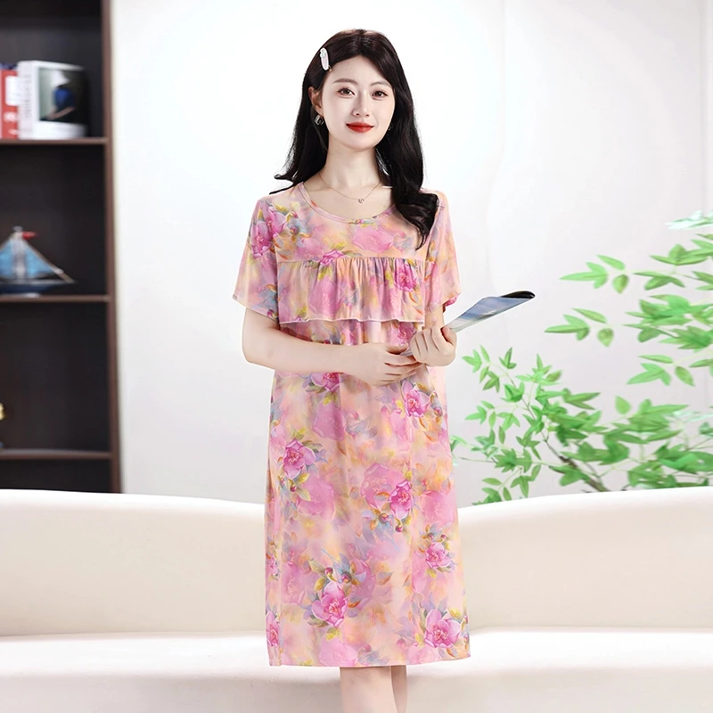 防凸点棉绸睡裙夏季女款2025新款大码宽松绵绸睡衣女士家居服裙子