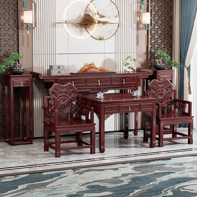 新中式中堂六件套乌金木实木雕花条案堂口专用桌子供桌边桌组合