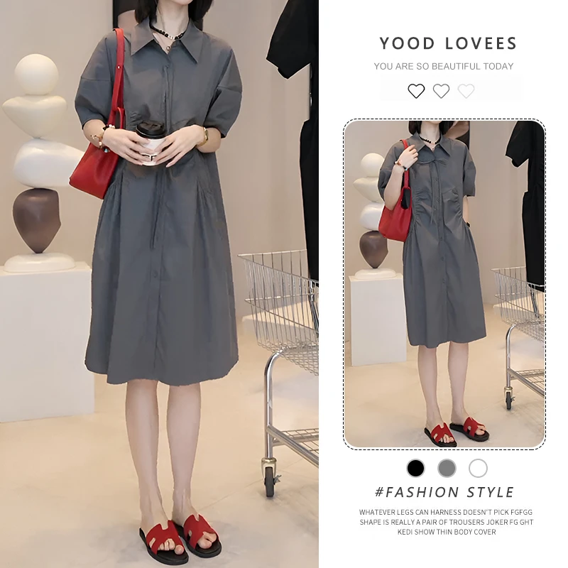 2025夏季气质休闲褶皱polo领衬衫连衣裙女宽松显瘦中长款a字裙
