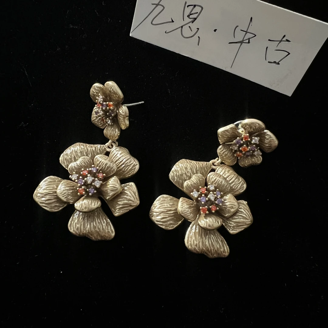黄铜合成锆石耳饰 铜合金花朵耳饰 复古欧美风高级感时尚小众长