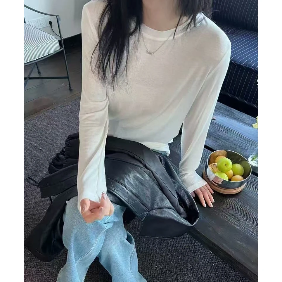 QianRH-9881春季新款百搭修身纯色圆领长袖打底