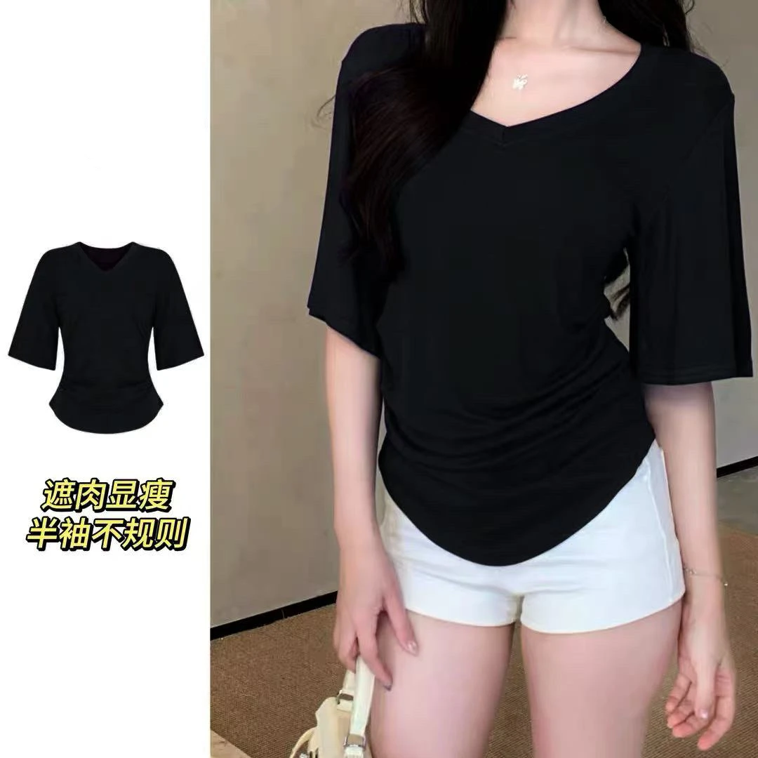 大码V领荡袖短袖正肩修身褶皱设计感上衣纯欲风遮肉显瘦百搭T恤潮