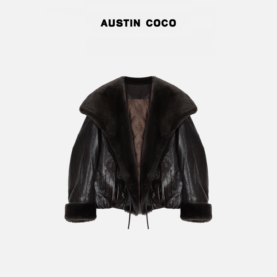 AUSTIN COCO美拉德羊毛皮领真皮油蜡绵羊皮90白鹅绒羽绒服Y98277