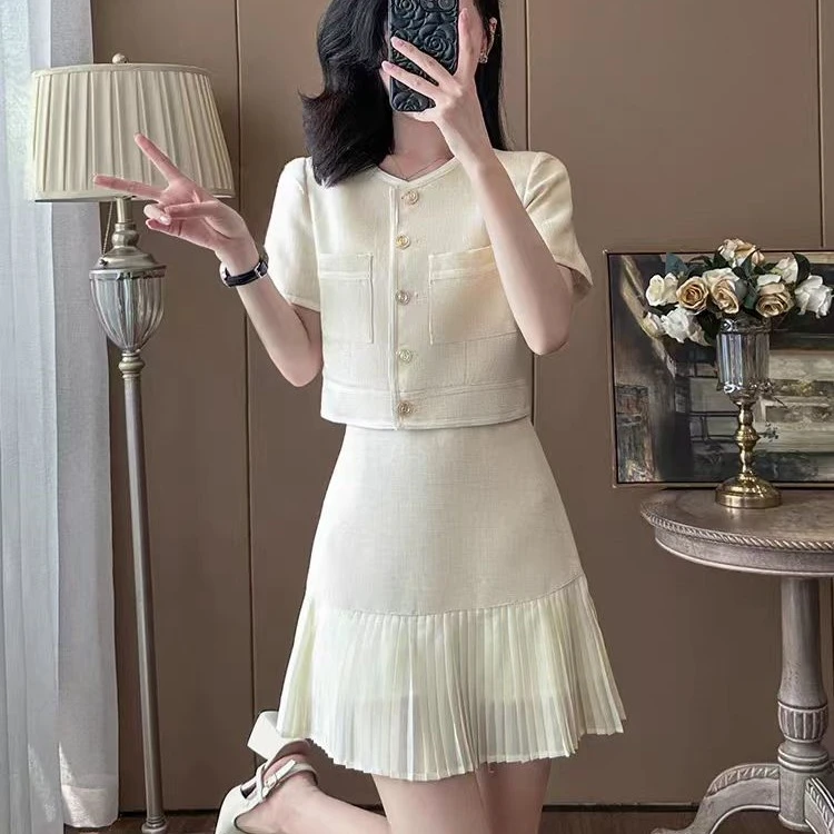 【全网爆款】夏季小香风套装裙短款短袖上衣雪纺拼接半身裙两件套