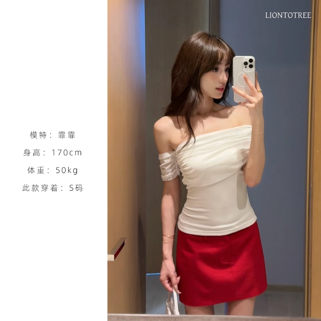【Liontotree奶兔锤】【网纱一字肩】两色修身斜肩短袖  F369