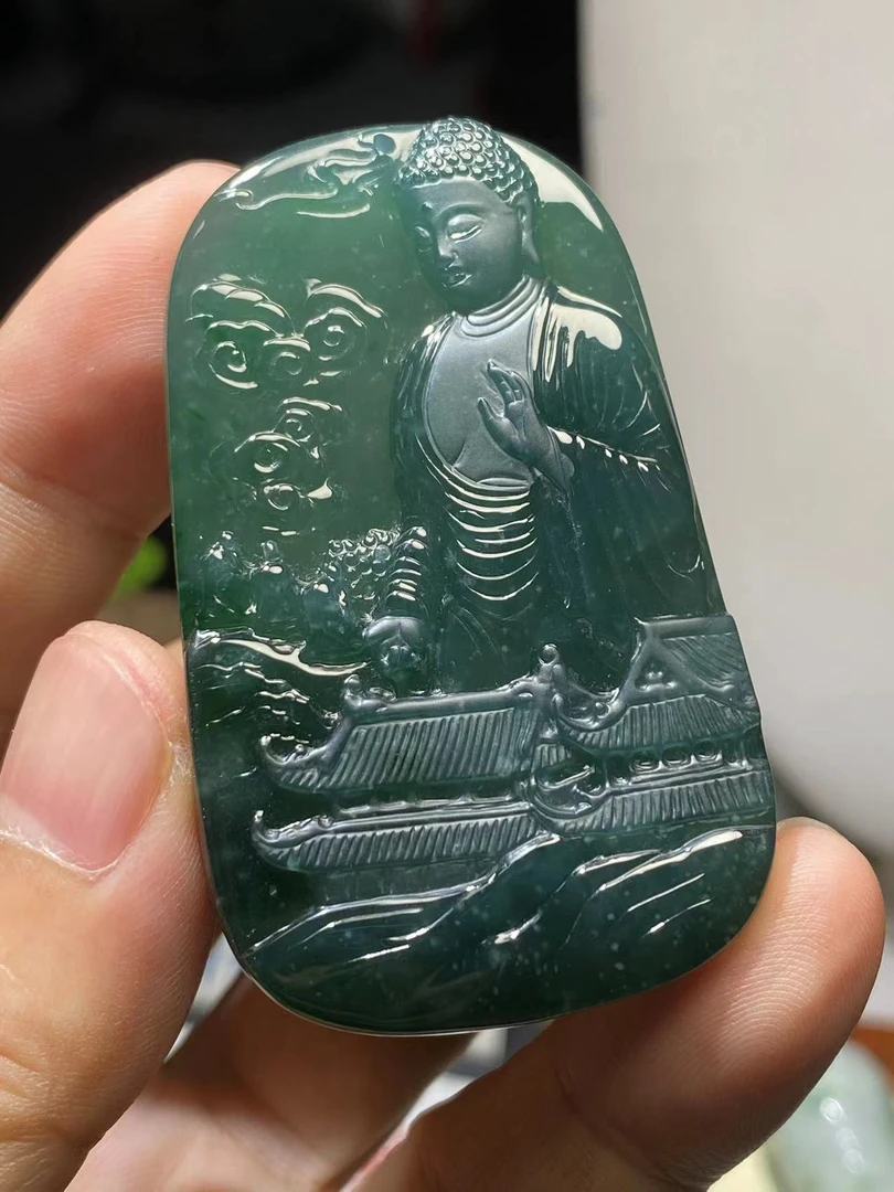 危地马拉天然翡翠A货冰蓝水阿弥陀佛守护神牌子挂件吊坠61-38-6.2