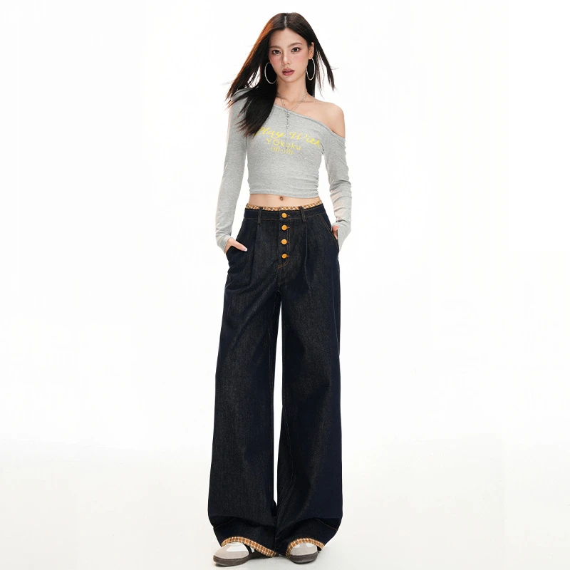 韩系气质早秋新款直筒休闲牛仔裤女垂感格子翻边阔腿牛仔裤棉