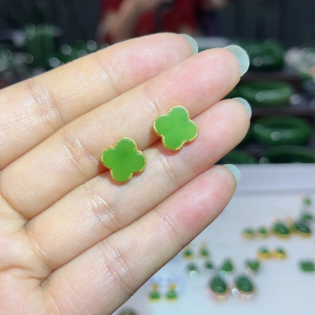 银S925镶嵌和田玉（碧玉）耳饰